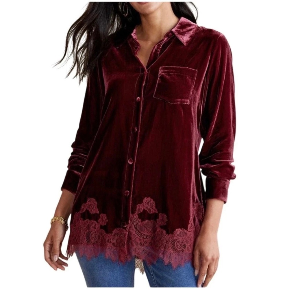Soft‎ Surroundings Eden Shirt Burgundy Velvet Lace Trim Women 3X Button Holiday